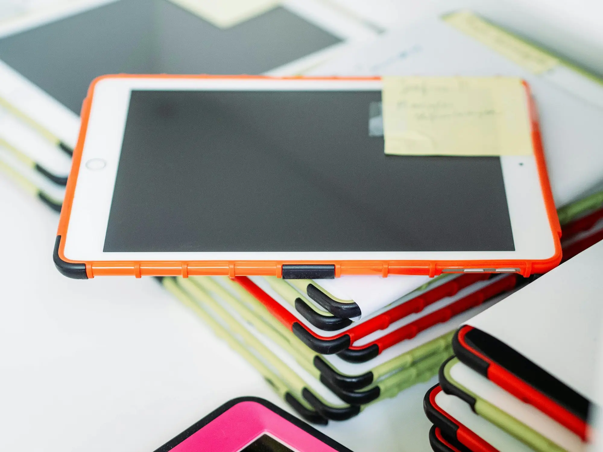 Tablet resting on a stack of devices with a sticky note, the kind of desk where a loan application form gets filled in