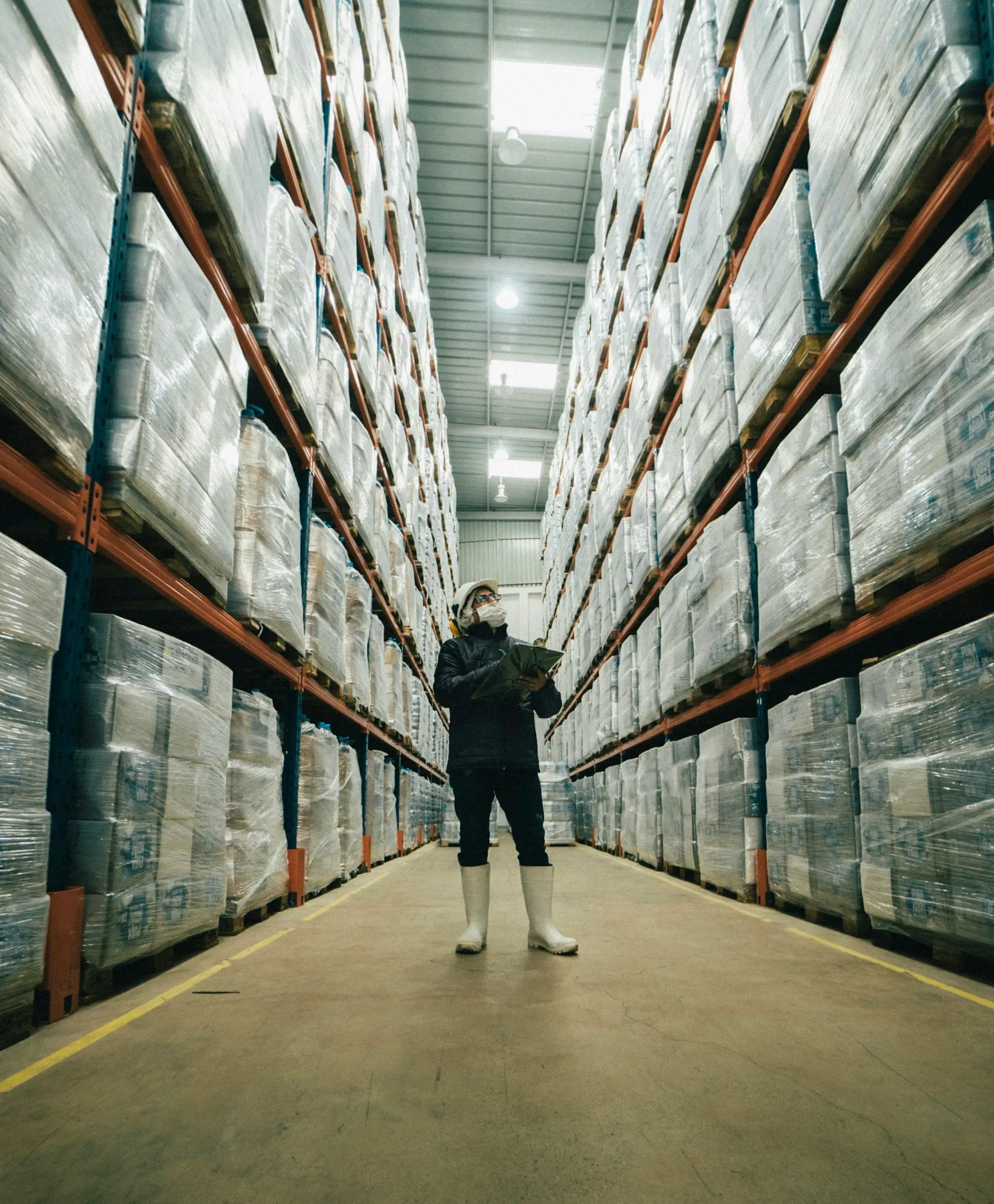 Warehouse worker standing in a long aisle of pallet racking.
